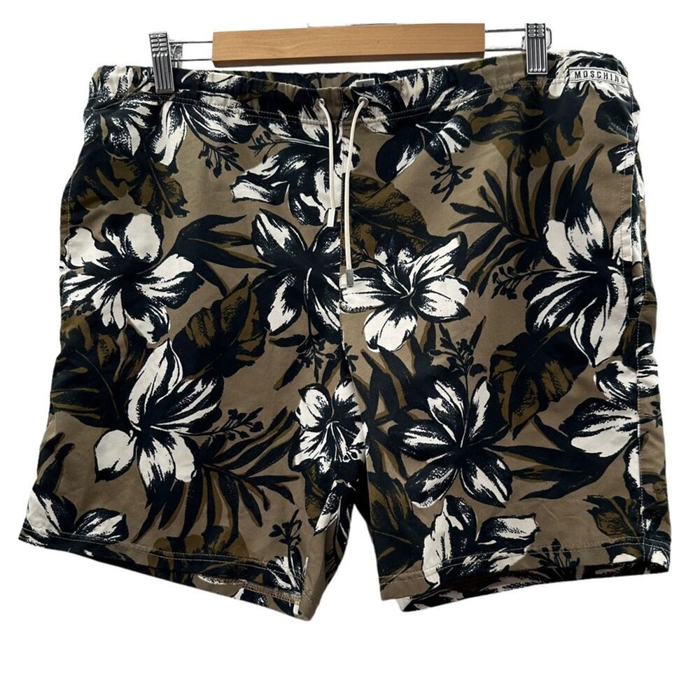 Moschino Mare Tan Black & White Hawaiian Floral Print Swim Trunks Size 48‎